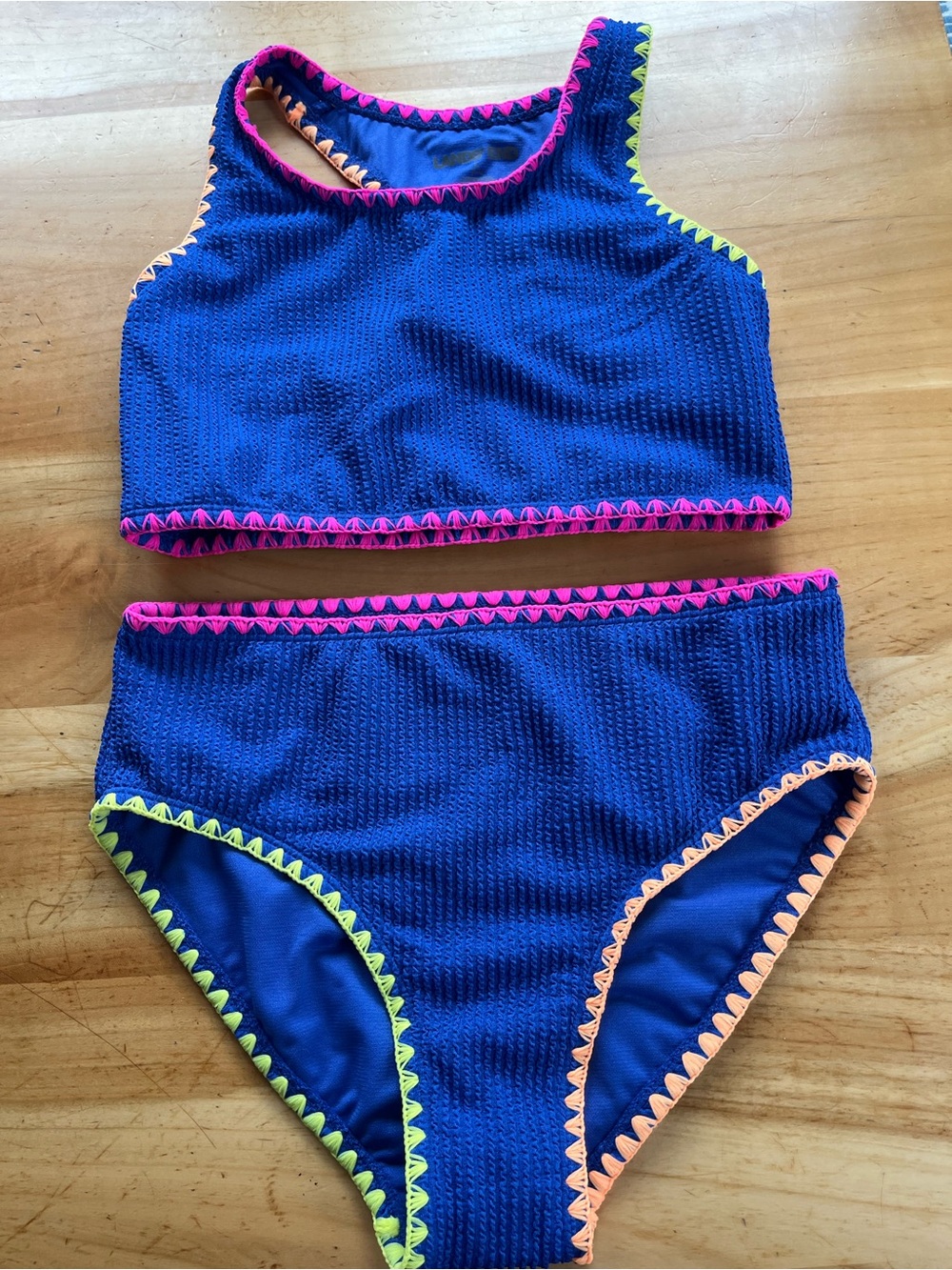 Lands' End Navy Blue Girls Two-Piece Swim Set with Neon Trim